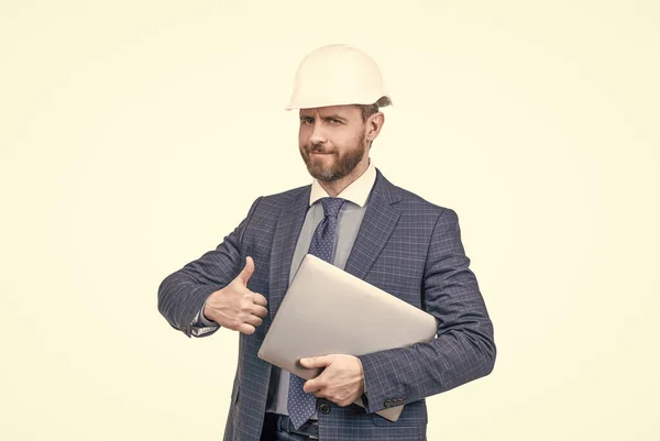 Safety Business Data Protection Internet Security Businessman Helmet Laptop Architect — Stock Photo, Image