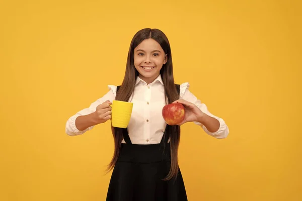 Happy School Child Uniform Hold Apple Water Bottle Thirst — Fotografia de Stock