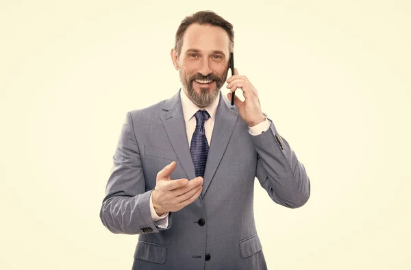 Smiling Mature Grizzled Entrepreneur Suit Talking Smartphone Isolated White Business — Stock Photo, Image