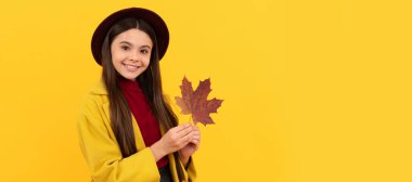 Sonbahar sezonu, moda ergeni. Sonbahar modası. Şapkalı genç kız sonbahar yaprağını tutuyor. Akçaağaç yaprağıyla mutlu bir çocuk. Poster tasarımı için sonbahar sonbaharı çocuğu. Başlık, kopyalama alanı