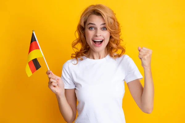 Happy Excited Woman Holding Flag Germany Immigration Travelling Europe Deutschland — Stock fotografie
