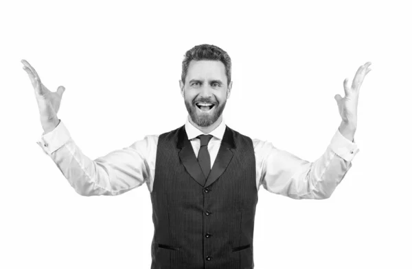 Celebrating Success Formal Businessman Isolated White Gesturing Confident Handsome Guy — Stock Photo, Image