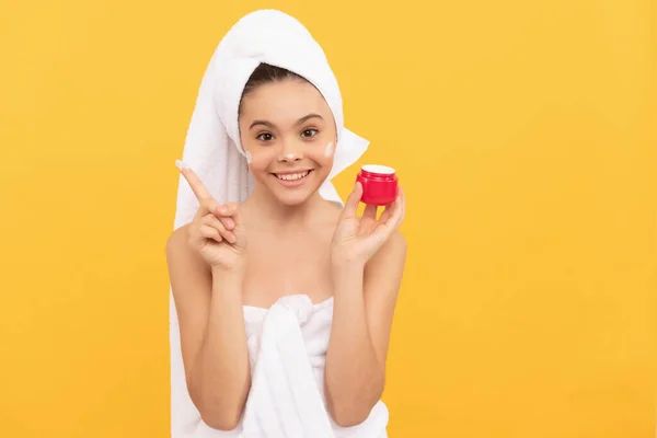 Happy Teen Child Shower Towel Apply Facial Cream — Stock Photo, Image
