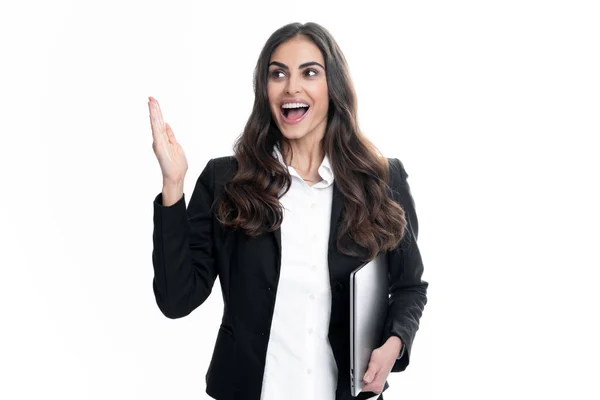 Cheerful Business Woman Standing Grey Wall Laptop Computer Portrait Pretty —  Fotos de Stock