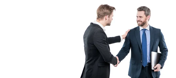 Man Face Portrait Banner Copy Space Handshake Colleagues Successful Negotiations — Foto de Stock