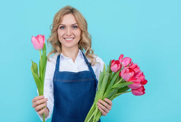 Glad Girl Apron Spring Tulip Flowers Blue Background — Stok fotoğraf