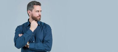 Barber approved beard grooming. Bearded man grey background. Visit your barber regularly. Man face portrait, banner with copy space