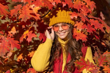 Sonbahar yapraklarında güneş gözlüklü pozitif çocuk doğal arka planda.