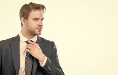 Ciddi profesyonel bir adamın portresi. Beyaz fotokopi alanında izole edilmiş kravat takıyor..