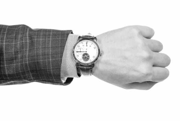 Relógio Pulso Analógico Usado Mão Masculina Terno Negócios Isolado Branco — Fotografia de Stock