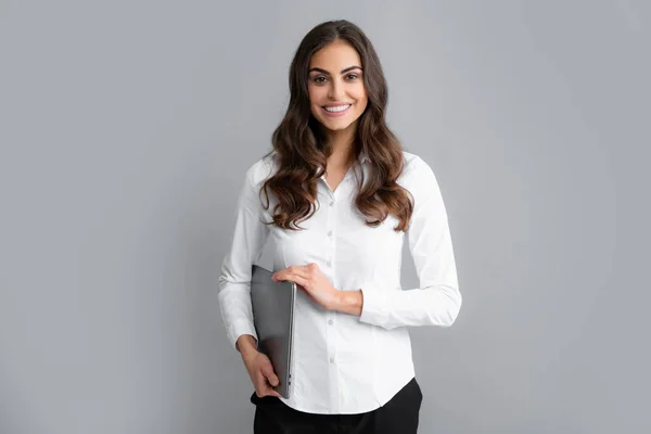 Portrait Young Businesswoman Using Laptop Computer Isolated Gray Background Business — 스톡 사진