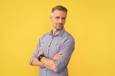 Saç ve sakal bakımı. Sarı arka planda erkek manken. Gri tüylü yakışıklı adam. Erkek güzelliği. Gri saçlı, gülümseyen adam portresi. Gri sakallı olgun bir adam..