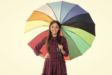 Sonbahar mevsiminde parlak renkli şemsiye altında mutlu genç kız beyaz, sonbahar izole.