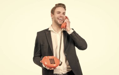 Hoş geldiniz. İyi telefon görüşmeleri müdürüm. Mutlu adam klasik telefondan arıyor. Telefonunuz var. Eski moda iletişim. Retro bağlantısı.