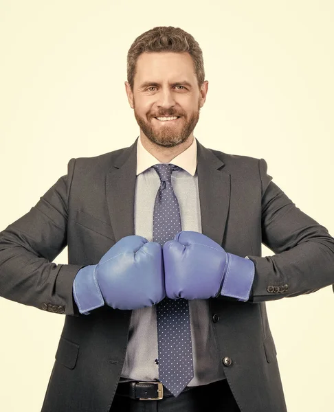 Happy man boss hold boxing gloves together ready to fight isolated on white, fighting.