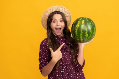 Şaşkın çocuk taze olgun su karpuzu meyvesini işaret ediyor yaz hasır şapkalı, sağlık.