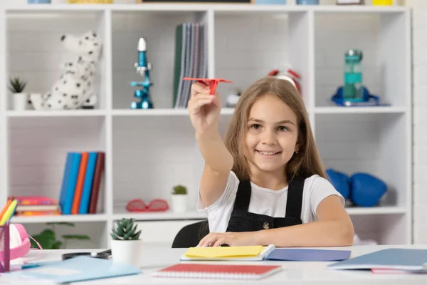 Cheerful Child Play Paper Plane School Classroom — ストック写真