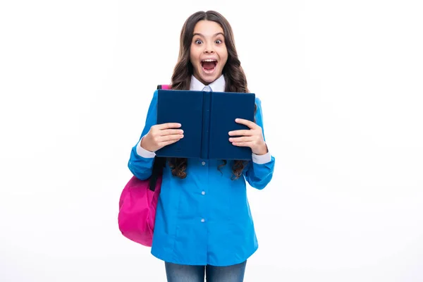 Excited Face Back School Teenager School Girl Hold Book Copybook — Stockfoto