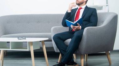 Takım elbiseli olgun bir işadamı planlamacıyla ofiste oturuyor. kavrayış.