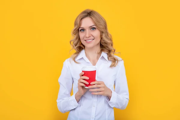 Happy Blond Woman Coffee Cup Yellow Background —  Fotos de Stock