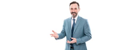 İnsan yüzü portresi, fotokopi alanı olan pankart. Formalite icabı giyinmiş olgun bir iş adamı. iş iletişimi