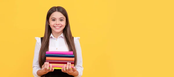 Happy Teen Girl School Uniform Hold Book Stack Reading Banner — Stok fotoğraf