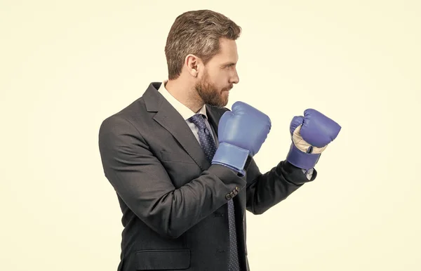 Serious businessman in formal suit and boxing gloves in fighting position isolated on white, fight.
