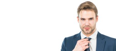 Portrait of serious professional man adjusting necktie in formal business suit. Man face portrait, banner with copy space. Business man in suit, isolated studio background, banner poster