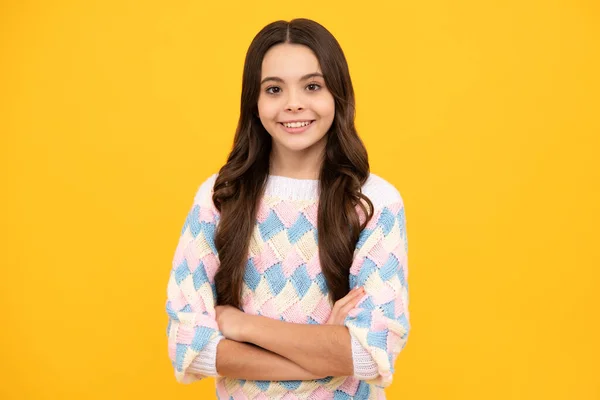 Teenager Girl Crossed Arms Isolated Yellow Background Studio Portrait Child — Stockfoto