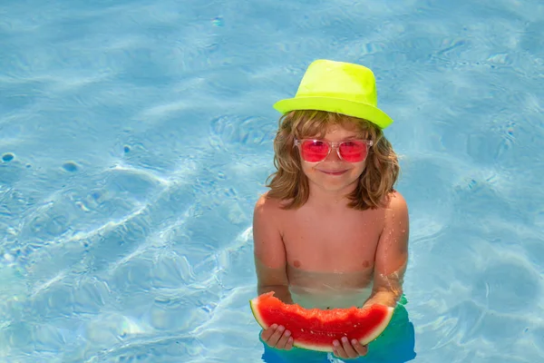 Kid Boy Hold Watermelon Relaxing Pool Child Swimming Water Pool — Zdjęcie stockowe