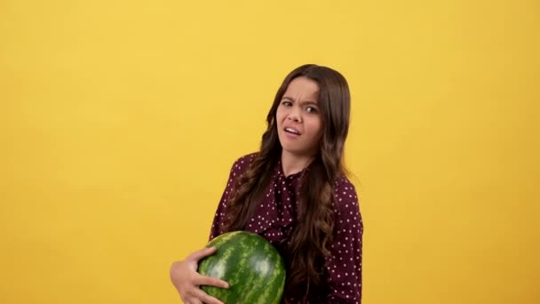 Confused Child Hold Heavy Water Melon Yellow Background Watermelon — Video Stock
