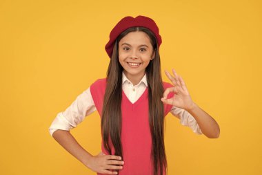 Her şey yolunda. Bereli neşeli çocuk. Gülümseyen çocuğun mükemmel bir tarzı var. Ergen güzellik. Gençlik ve gençlik. Sıradan moda. Mutlu Fransız genç kız gösterisi tamam jest. çocukluk mutluluğu. Okula geri dön..