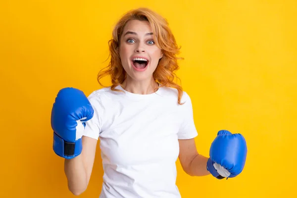Cheerful Woman Celebrating Victory Woman Boxing Gloves Screaming Strong Young — Stockfoto