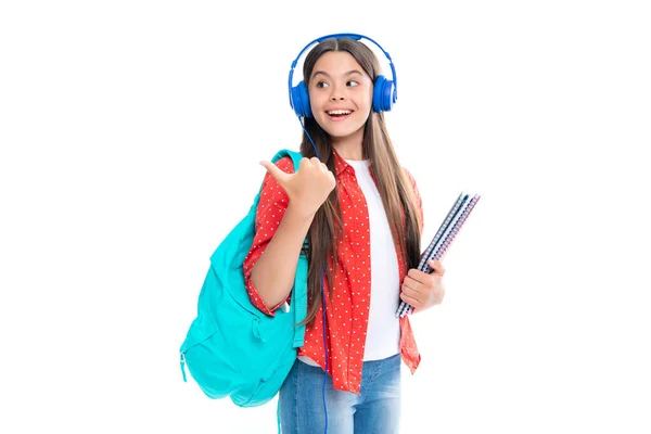 Schoolgirl Teenage Student Lifestyle Girl Headphones Hold Books White Isolated — Stok fotoğraf