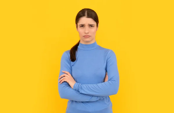 Upset Woman Portrait Crossed Hands Yellow Background Negative Emotions — ストック写真
