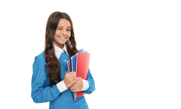 Happy Kid Portrait Has Long Curly Hair School Workbook Isolated —  Fotos de Stock