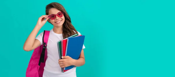 Happy Kid Backpack Copybook Sunglasses Ready Study School School Banner —  Fotos de Stock
