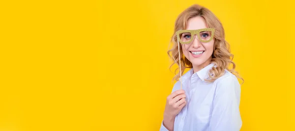 Positive Woman Funny Party Glasses Yellow Background Woman Isolated Face —  Fotos de Stock