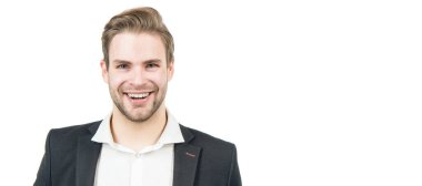 İnsan yüzü portresi, fotokopi alanı olan pankart. Takım elbiseli iş adamı, izole edilmiş stüdyo geçmişi, afiş. En iyi hukuk profesörü. Mutlu avukat beyazla izole edilmiş. İş avukatı