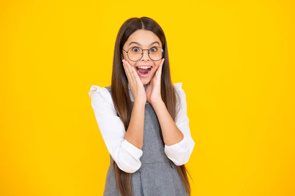Shocked Teenager Child Girl Portrait Isolated Yellow Background Excited Face — Stock Fotó