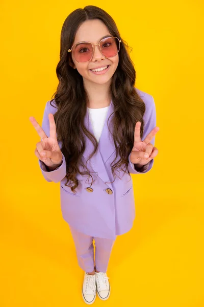 Teenager Child Girl Casual Clothes Posing Isolated Yellow Background Studio — 스톡 사진