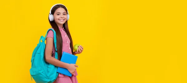 Happy School Kid Headphones Carry Backpack Workbook Apple Lunch Healthy — Photo