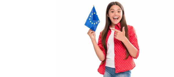 Happy Teen Girl Pointing Finger European Union Flag Schengen Countries —  Fotos de Stock