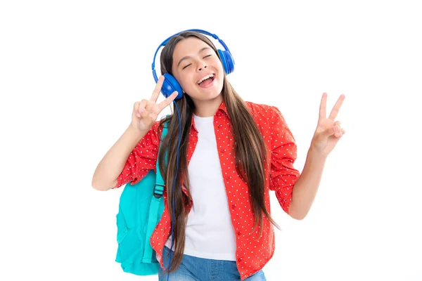 School Leisure Amazed Child Singing School Girl Headphones Isolated Studio — Photo