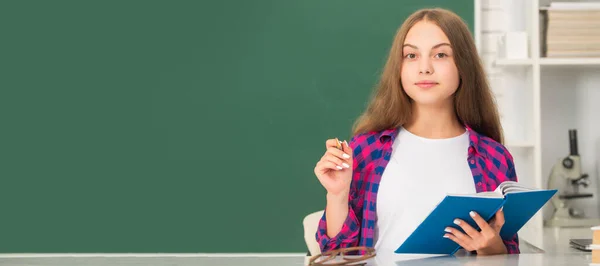 Smiling Child Making Notes Notebook Back School Teen Girl Ready — Stockfoto