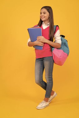 Eğitim. Gençlik ve gençlik. öğrenme konusu. Mutlu genç kız sırt çantası taşıyor. çocukluk mutluluğu. Okula dönüyorum. Okul defterli neşeli çocuk. gülümseyen çocuk çalışmaya hazır..