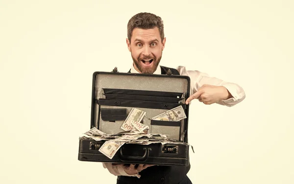 Investment Amazed Businessman Money Case Investor Hold Case Dollars Cash — стоковое фото