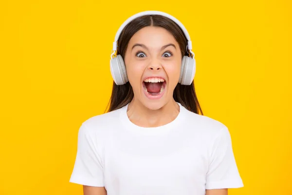 Excited Teenager Child Listening Music Headphones Girl Listening Songs Wireless — 스톡 사진