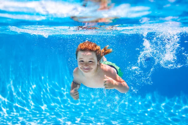 Boy Kid Swim Dive Underwater Water Portrait Swim Pool Child — ストック写真
