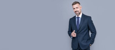confident businessman man in businesslike suit, copy space, business style. Man face portrait, banner with copy space